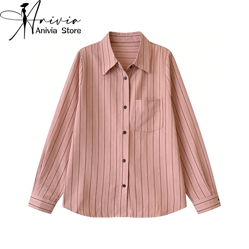 

Женская розовая полосатая повседневная рубашка с отложным воротником, длинным рукавом, в элегантном французском стиле, свободный крой, для офиса, весна-осень
