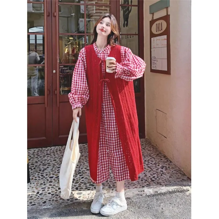 

Spring Autumn 2026 New Plaid Skirt Women Casual Fre irt Dr Hepburn Sle Large Size Clothes for plus Size Girls