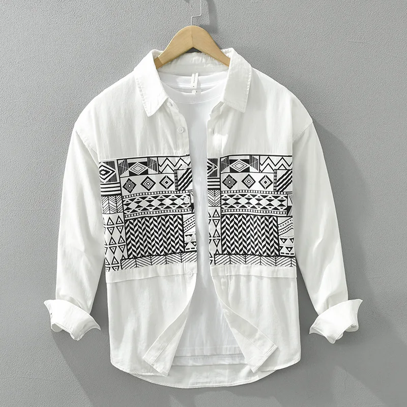 

Korean Fashion Mens Long Sleeve Shirt Spring Summer Street Style Patchwork Print Shirt Casual Pure Cotton Top Youth Loose Shirts