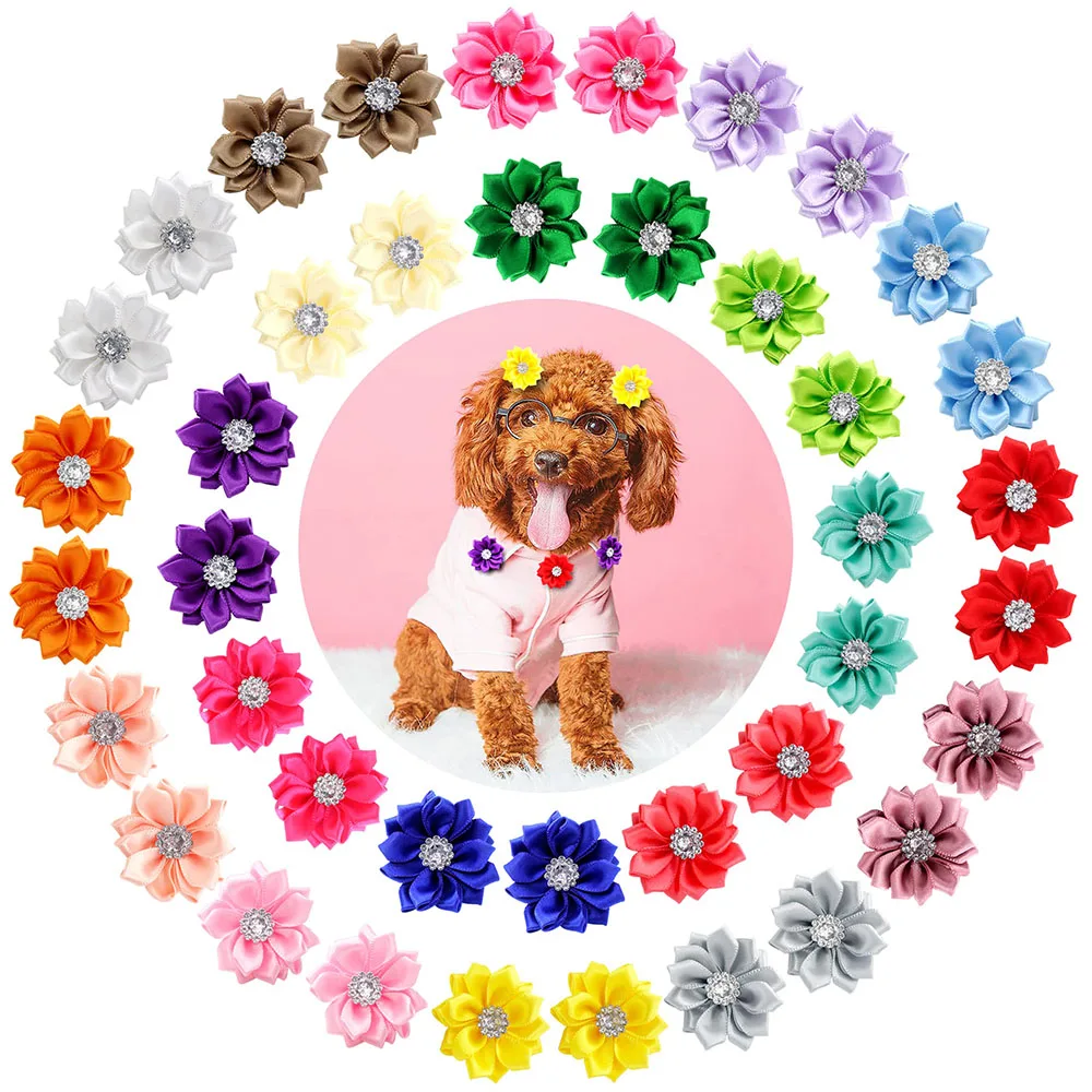 50/100pcs/lot pet dog hair bows rubber bands petal flowers bows with pearls pet dog grooming bows dog hair accessories product