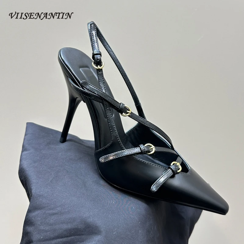 

Wine Red Genuine Leather Buckle Strap Hollow Out Sandal Women Summer Pointed Toe Thin High Heel Slingback Dress Party Lady Pumps