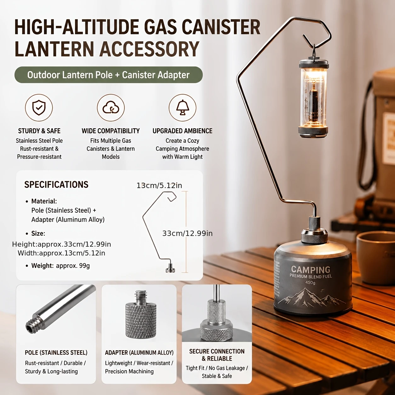 Aluminum Alloy Gas Canister to Lamp Holder Accessory Set, Stainless Steel Camping Lamp Pole + Adapter, Lightweight Design, Compatible with Most High-Altitude Gas Canisters, Multiple Uses