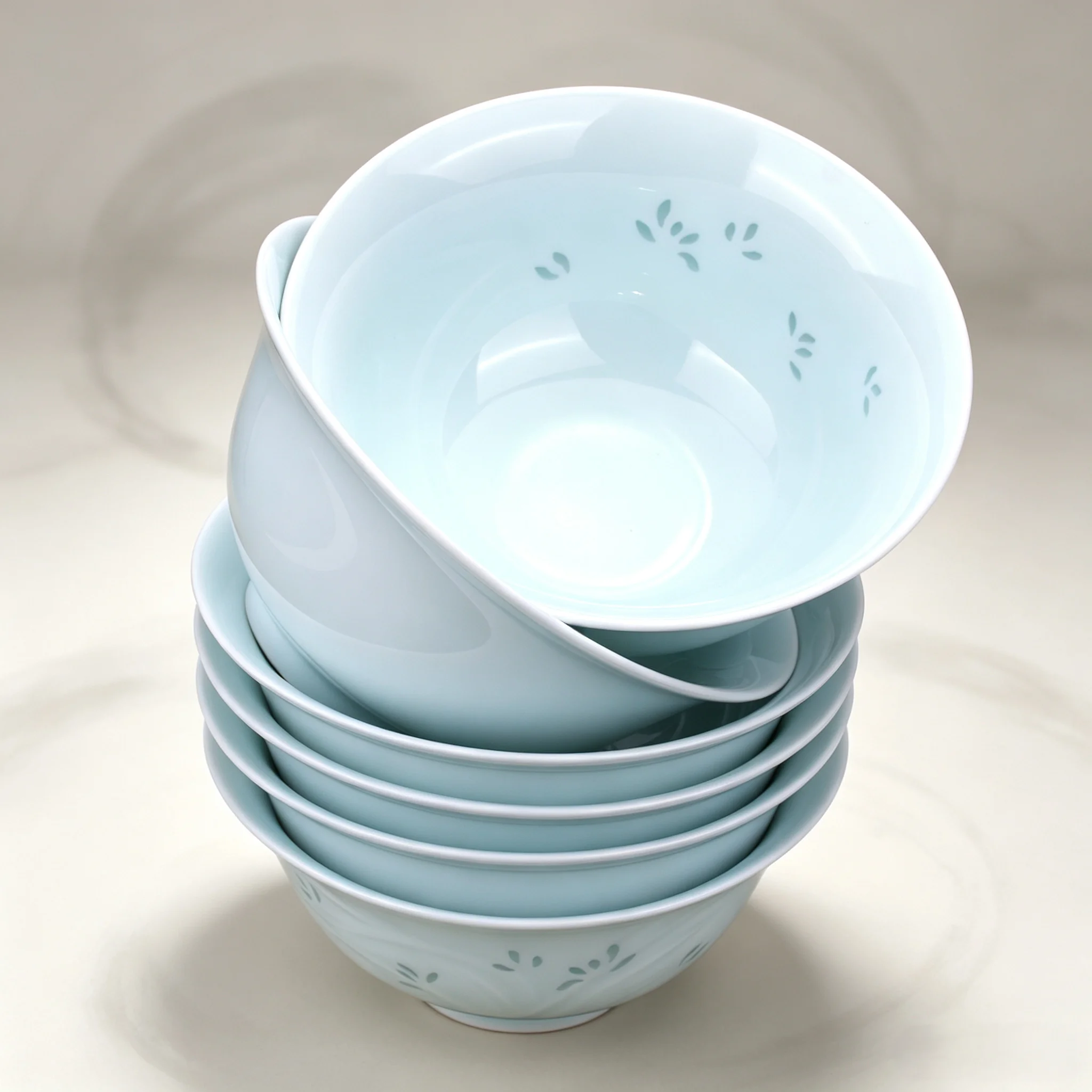 LIANHUA POTTERY Linglong Porcelain Bowl Set of 6 Celadon Glaze Orchid Relief Design for Home Kitchen Dinner Housewarming Gift