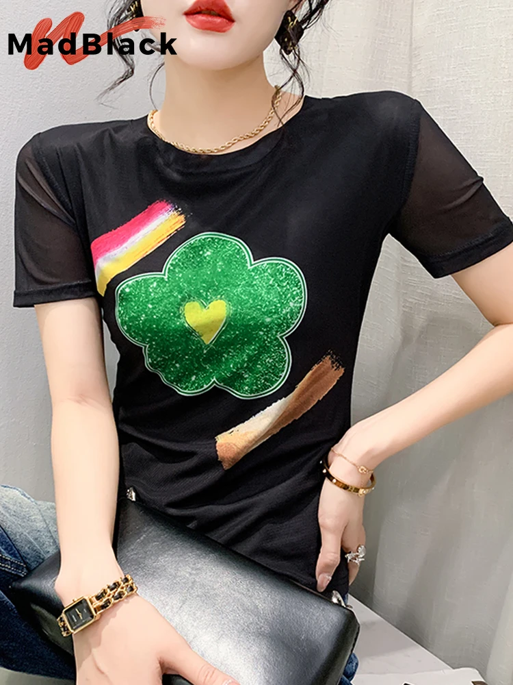 MadBlack Summer European Clothes T-Shirt Woman O Necks Position Printed Slim Mesh Tops Short Sleeve  Bottoming Tees  T34212C