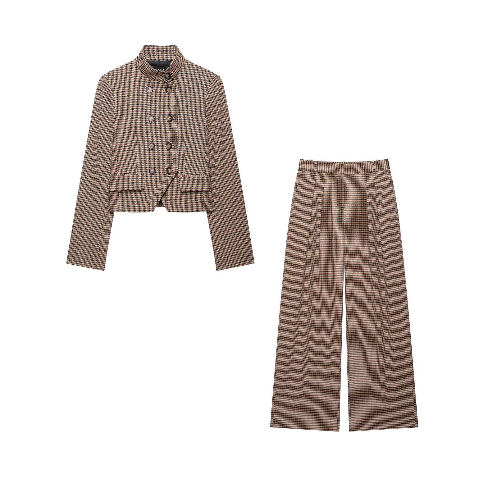 European and American style women's clothing new 2026 fashion long sleeved checkered short suit jacket long pants set