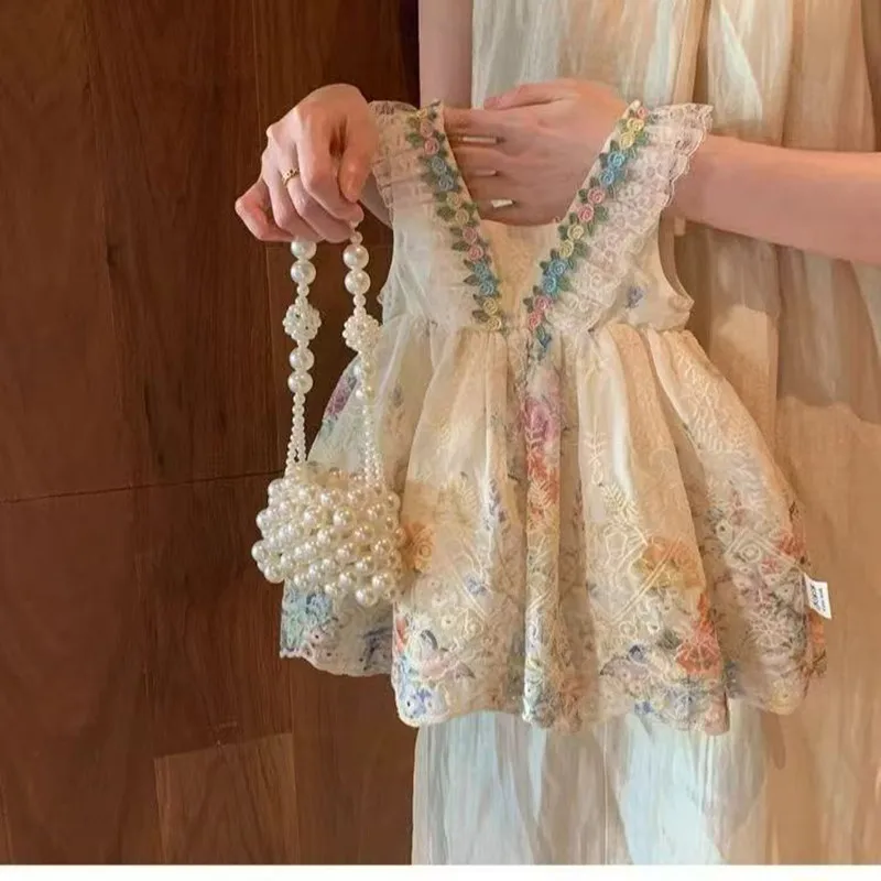 1-6 سنوات فستان صيفي للفتيات 2026 نمط جديد للأطفال طفل الأميرة النمط الغربي الفرنسية الأزهار سترة فستان 80-130 سنتيمتر