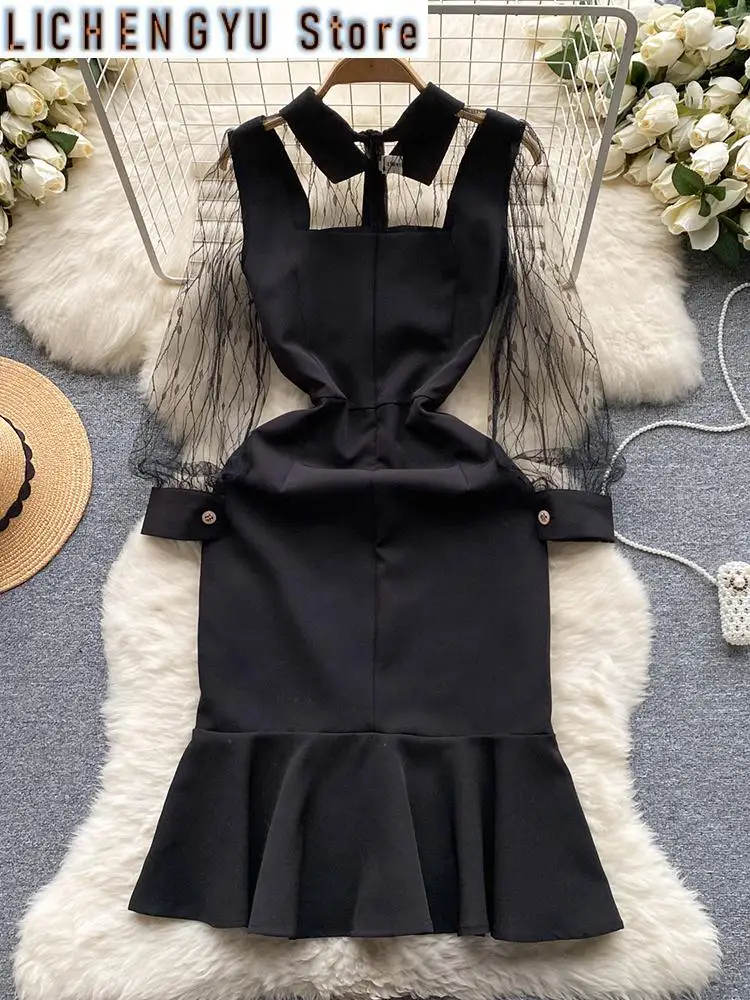 

New Mesh Puff Long Sleeve Button Patchwork Lapel High Waist Vestidos Sweet Style Women's Dress Winter Spring