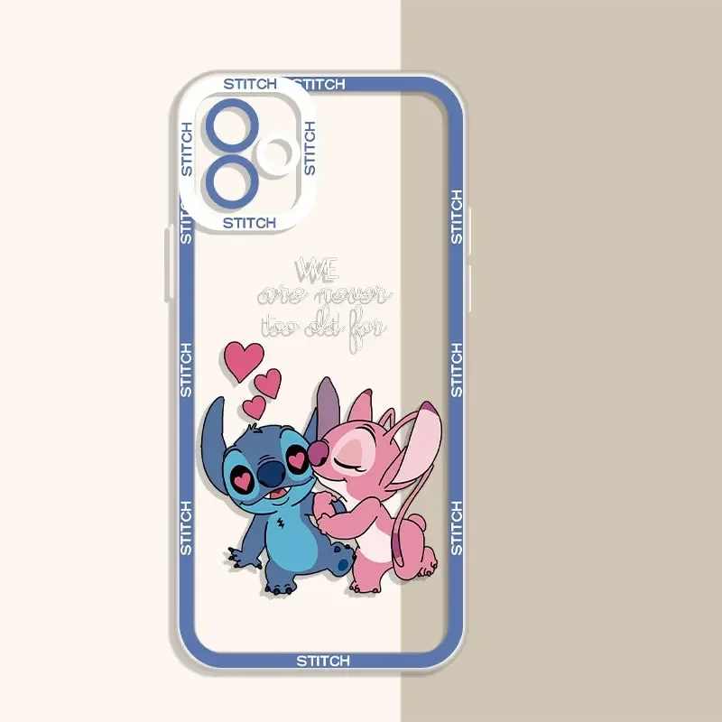 Disney Pink Stitch Blue Angel Clear Phone Case for IPhone 16 15 14 13 12 11 Pro Max Mini XS Max XR X Plus Soft Back Cover Fundas