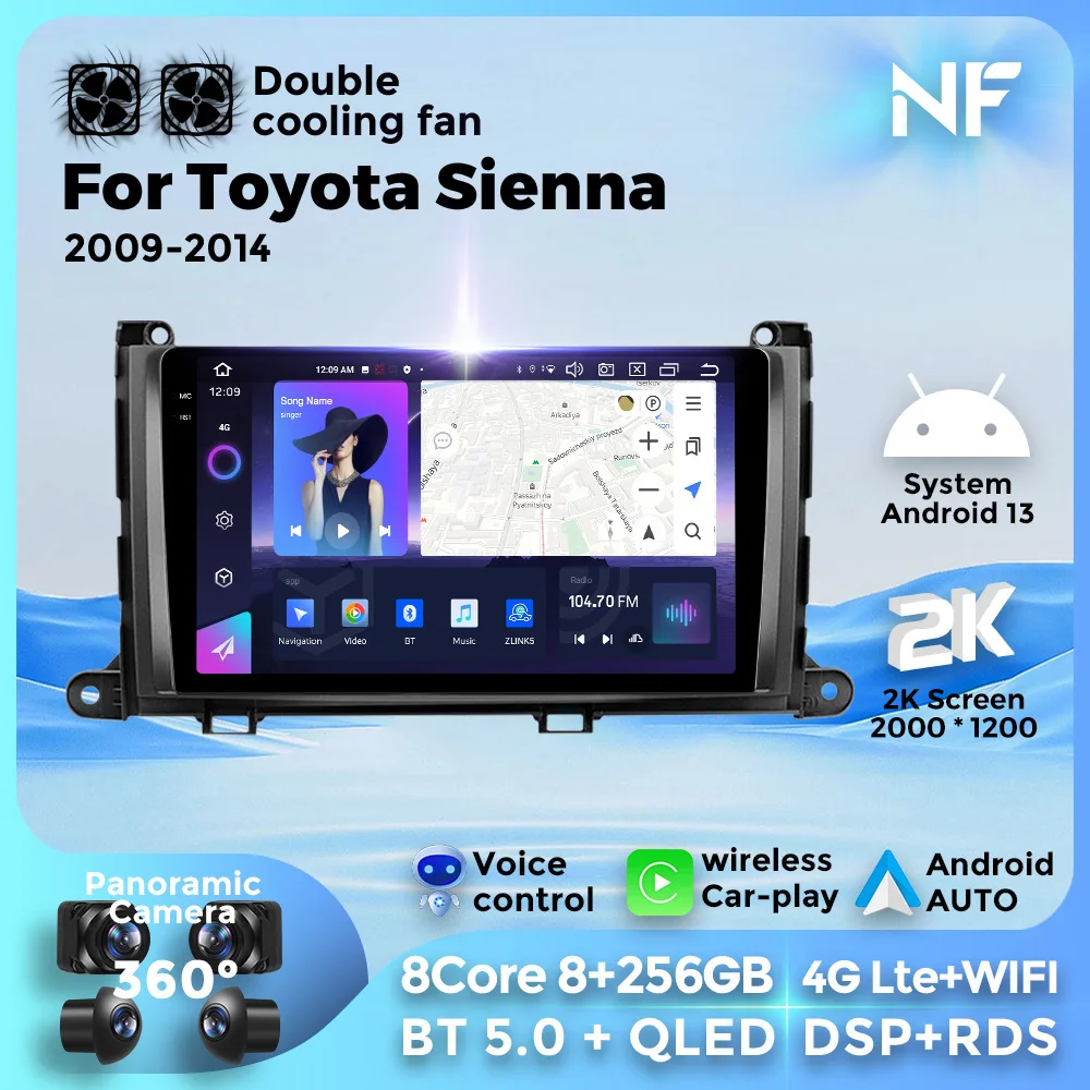 

For Toyota Sienna 2009-2014 Android 13 GPS Navigation Car Video Multimedia Player Stereo 2Din WIFI Wireless Carplay Autoradio BT