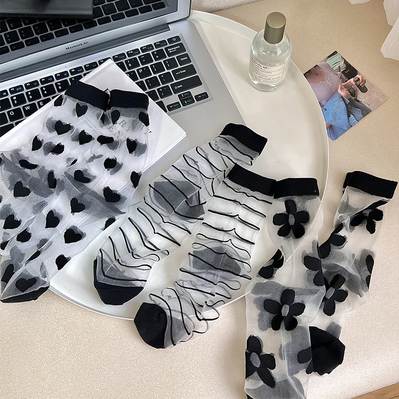 Women Summer Ultra-thin Transparent Glass Silk Socks Striped Heart Floral Print Cute Socks Casual Breathable Elastic Long Socks