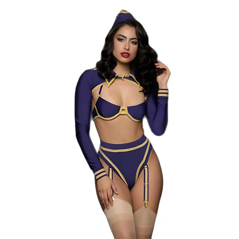 

Women's Sexy Three Pieces Roleplay Airhostess Uniform Lady Halloween Party Stylish Cosplay Police Lingerie Costumes SM Nightwear