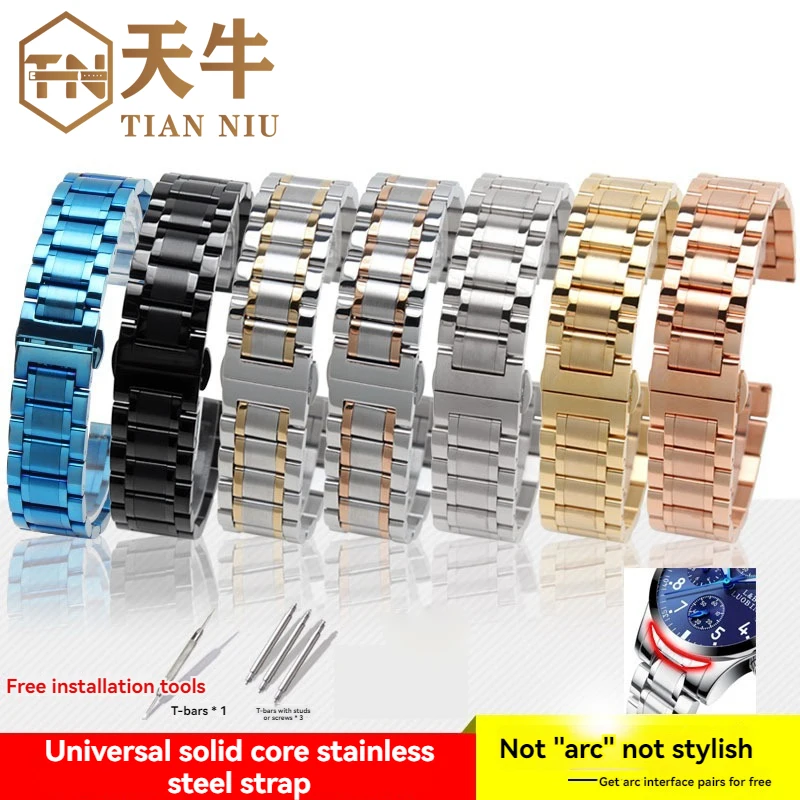 

20mm 22mm For Seiko Timex Citizen Casio Longines Curved End Stainless Steel Strap Men Metal Watchband Watch Chain Bracelet