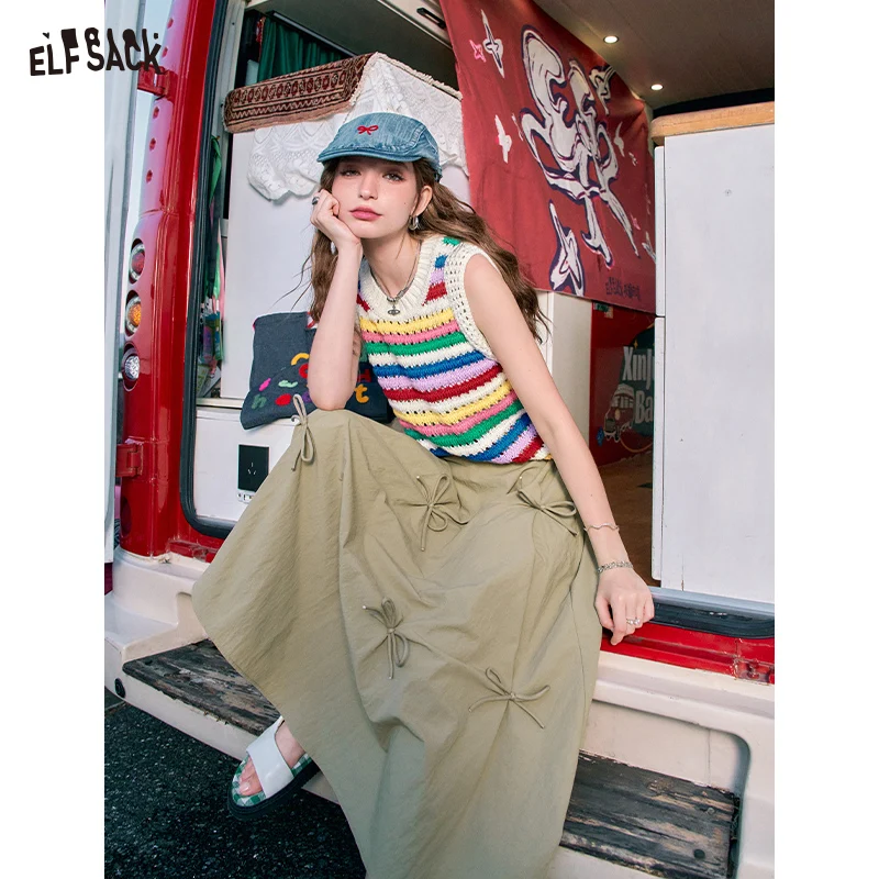 ELFSACK 2024 Summer New Arrivals Dopamine hollowed out striped knitted vest for women sleeveless tank top