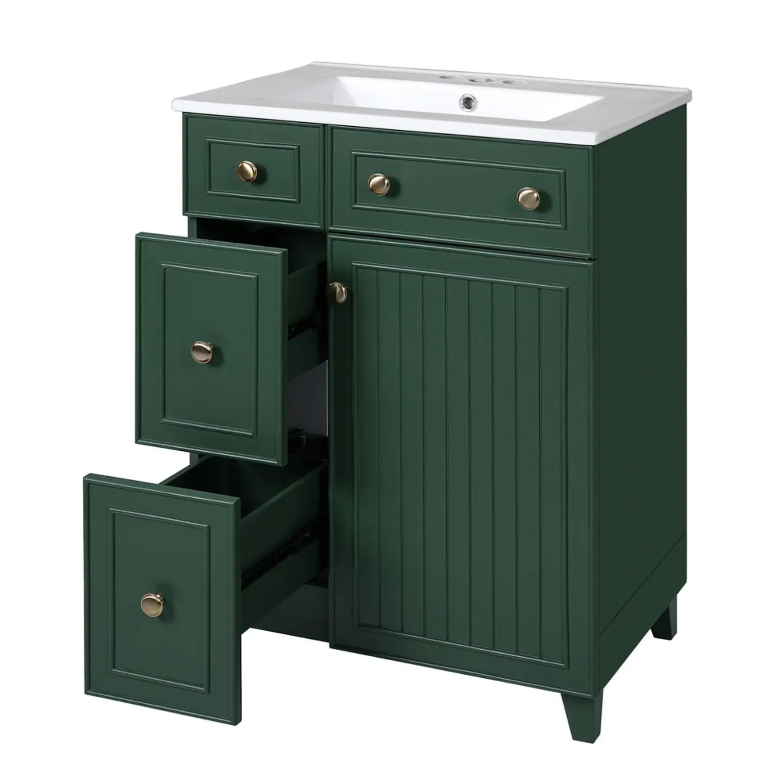 

Small Space Bathroom Vanity with Green Solid Wood Cabinet Ceramic Sink and Ample Storage for Apartment Bathroom