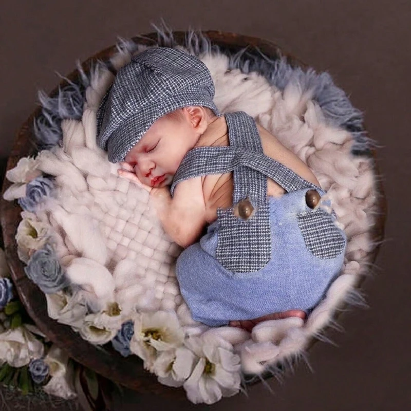 

B2EB Newborns Photoshooting Props Plaids Hat Pants Posing Bodysuit Shower Gift