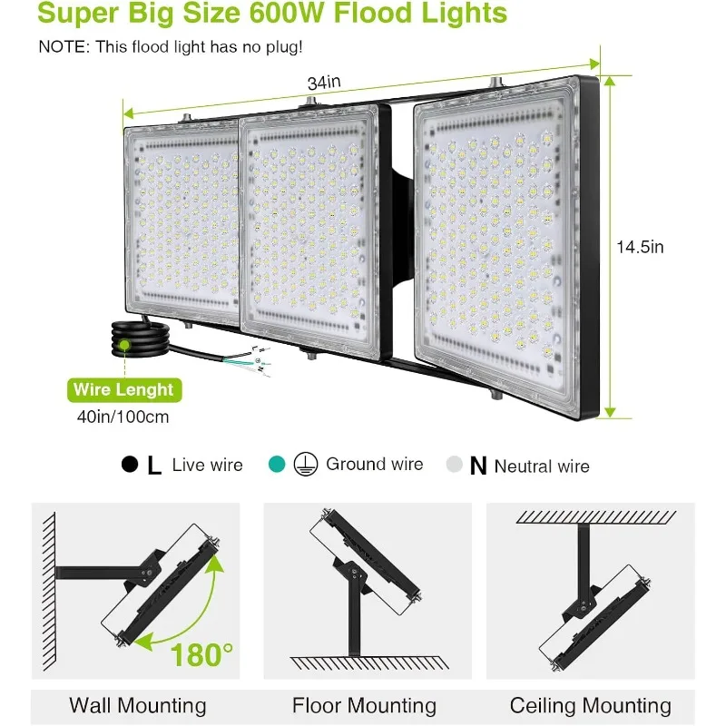 Outdoor Area Lighting, IP66 Waterproof Exterior Floodlight Commercial Security Light, 6000K Daylight White