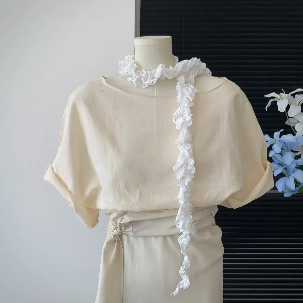White Ruffled Lace Decorative Scarf Long Hollow Out Lace Neck Scarf Women Fashion Accessory