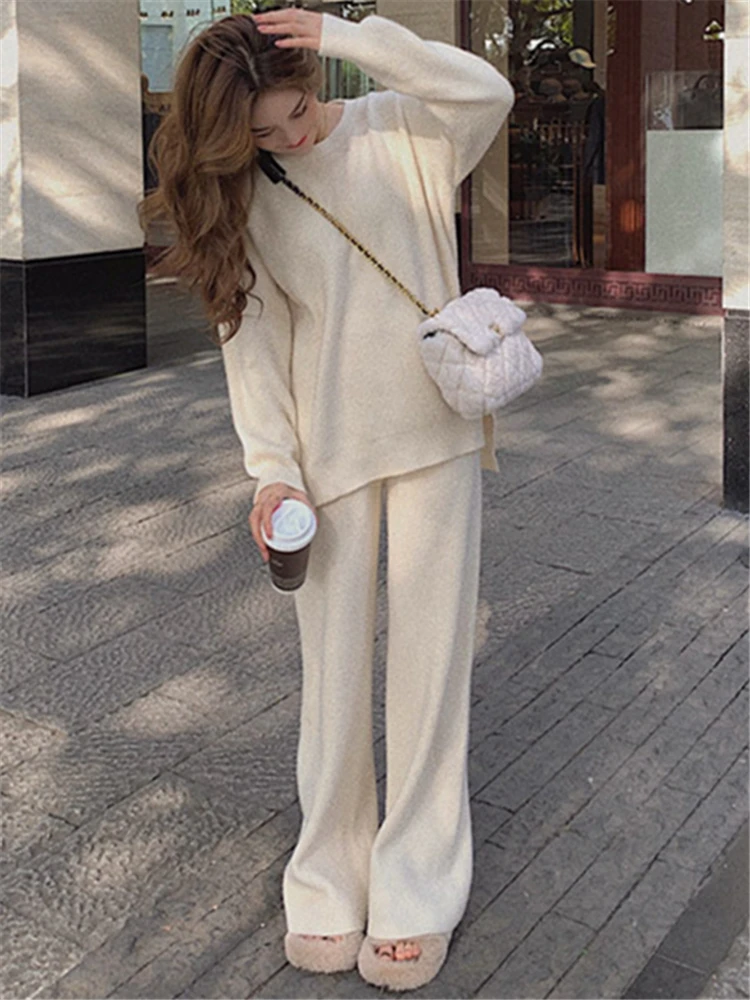 REALEFT Autumn Winter 2 Pieces Women\'s Sets Knitting Tracksuit O-Neck Split Sweater and Loose Wide Leg Pants Pullover Suits 2024