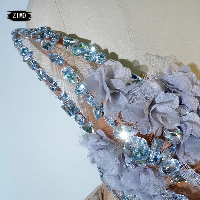 Elegante abito da cantante con paillettes di cristallo per le donne Fiore senza schienale Discoteca Party Stage Ds Celebrare Drag Queen Pole Dance Clothin