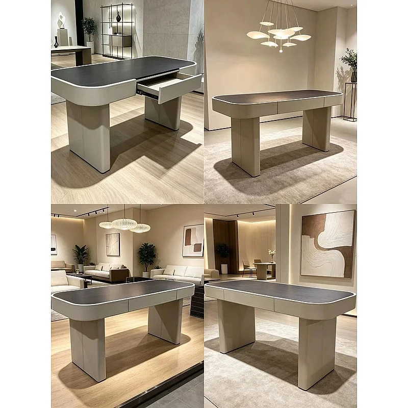Modern Round Corner Solid Wood Desk with Drawer Leather Writing Table Workstation