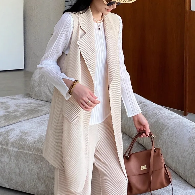 

Miyake плиссированный жилет, женский простой повседневный свободный жилет без рукавов с лацканами, однобортный, офисная одежда без морщин