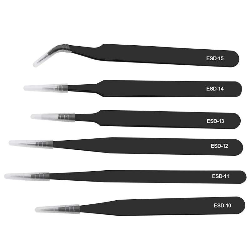 6pcs Anti-Static Stainless Steel Tweezers Precision Maintenance Industrial Repair Curved Tool Home Working Making Hand Tool