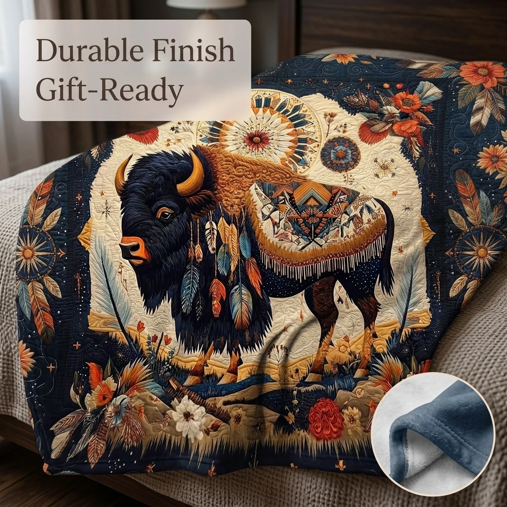 1PC Bohemian Western Bison & Wildflower Thick Flannel Throw Blanket, Soft Warm Portable Throw, Perfect Gift for Adult Boys Girls