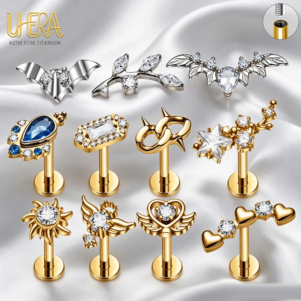 G23 Titan Labret Lippenstecker mit Innengewinde 16G CZ Fledermausflügel Sonne Herz Dorn Kette Top Tragus Helix Knorpel Piercing Schmuck