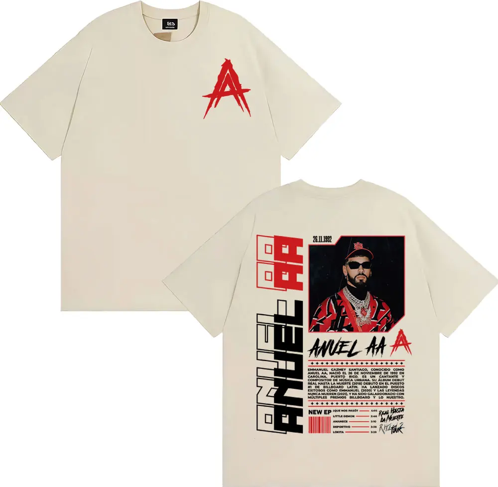 Anuel AA Rhlm 2 Real Hasta La Muerte ألبوم تي شيرت ملابس للرجال Harajuku القوطية خمر تي شيرت 100% القطن المتضخم تي شيرت #6