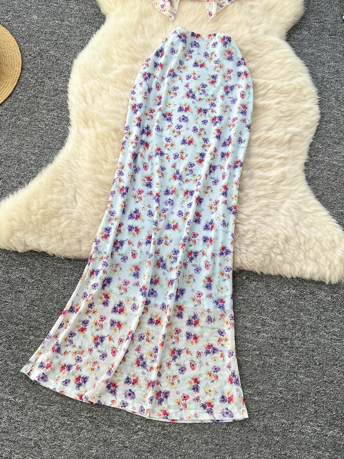 Summer Vaion Women's High Waist Floral ter Vest And  Skirt Two Piece Set Knot Slit Design ort Sve V Ne