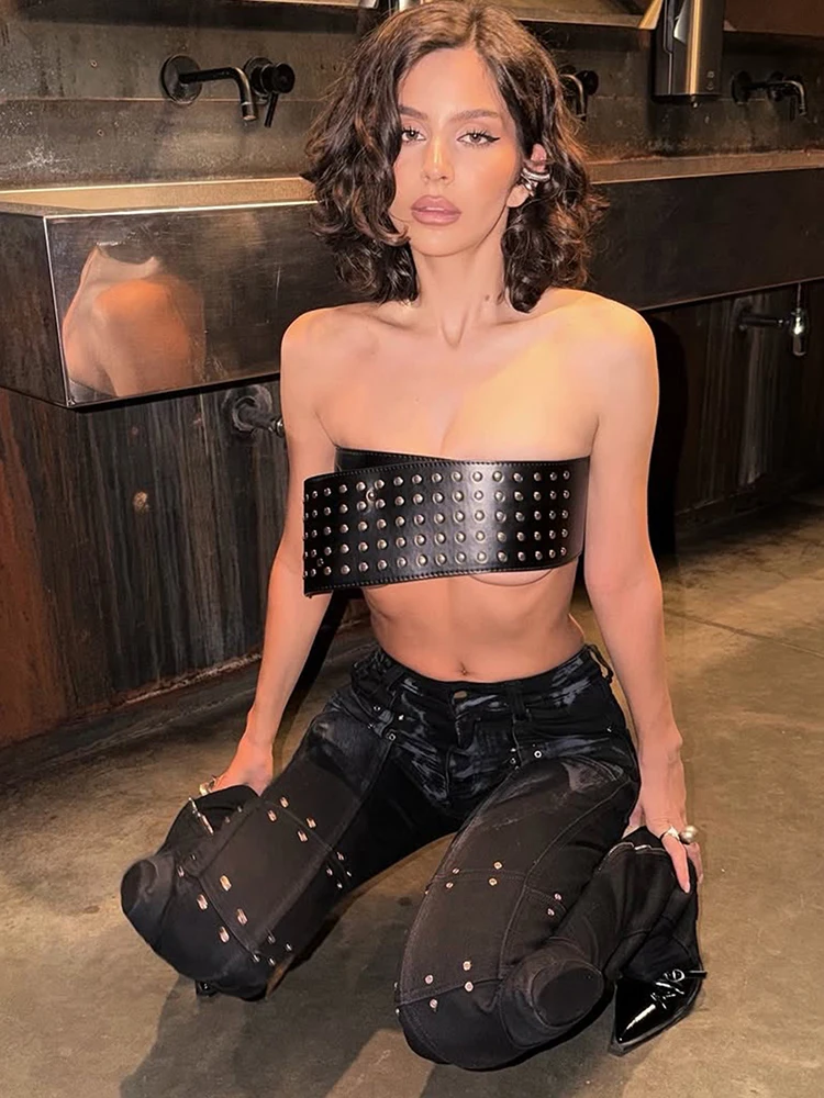 Weird Puss Sexy Rivet Leather Tank Top Women Wild Hottie Patchwork Sleeveless 2026 New Trend High Street Clubwear Irregular Vest