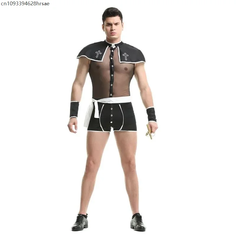 남성 섹시 메쉬 사제 코스프레 유니폼 세트 게이 바 역할극 목사 부활절 카니발 할로윈 공연 댄스 의상