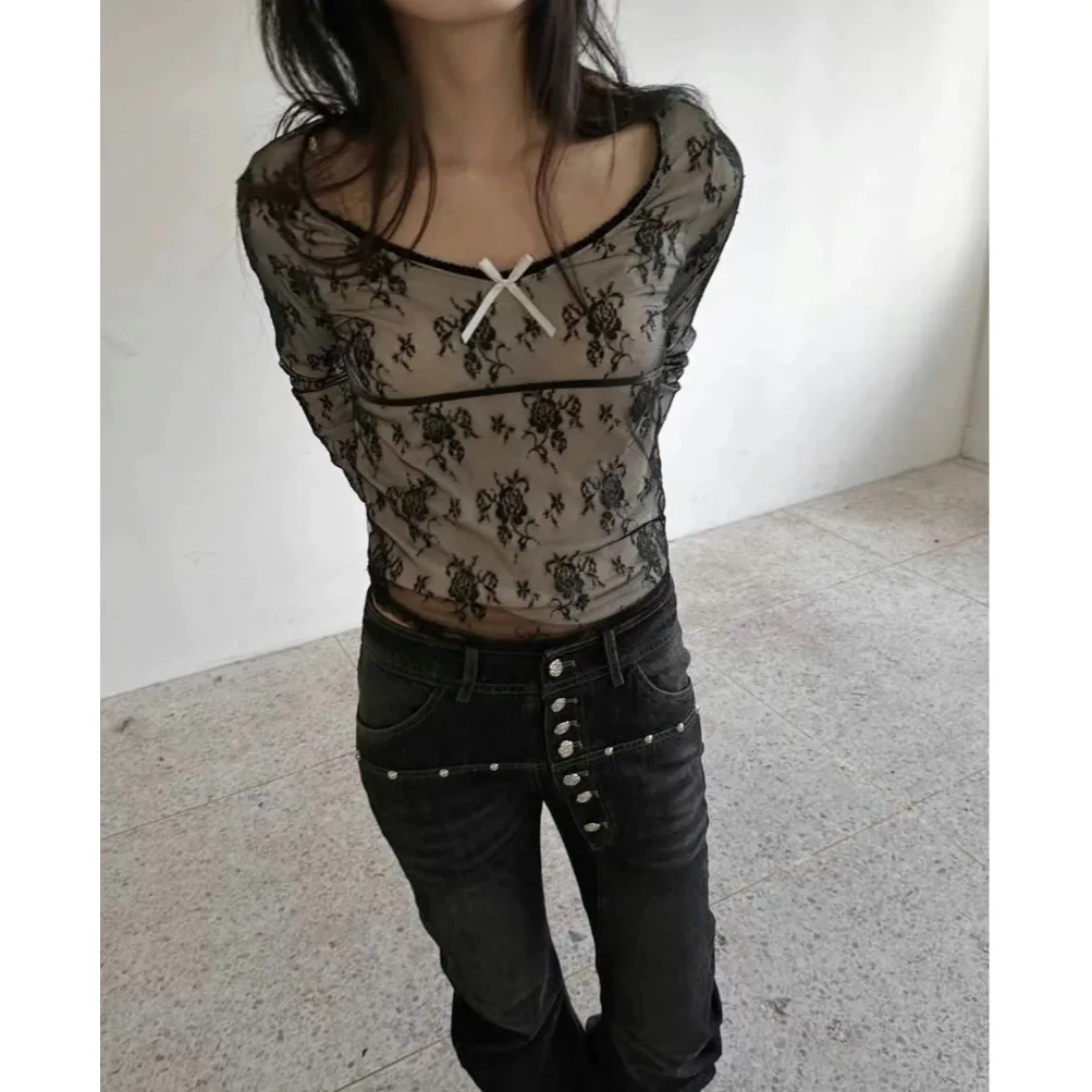 

Футболка с длинным рукавом и кружевной отделкой, с дизайном в виде узлов и шелковых лент, в японском стиле, для девочек, весна-осень-зима