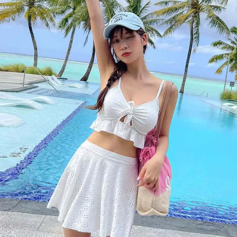 

New Girl Conservative Bikini High Waist Skirt Sle Swimming Costume Women's Thermal Spring Bathing Suit V Ne Lycra Material