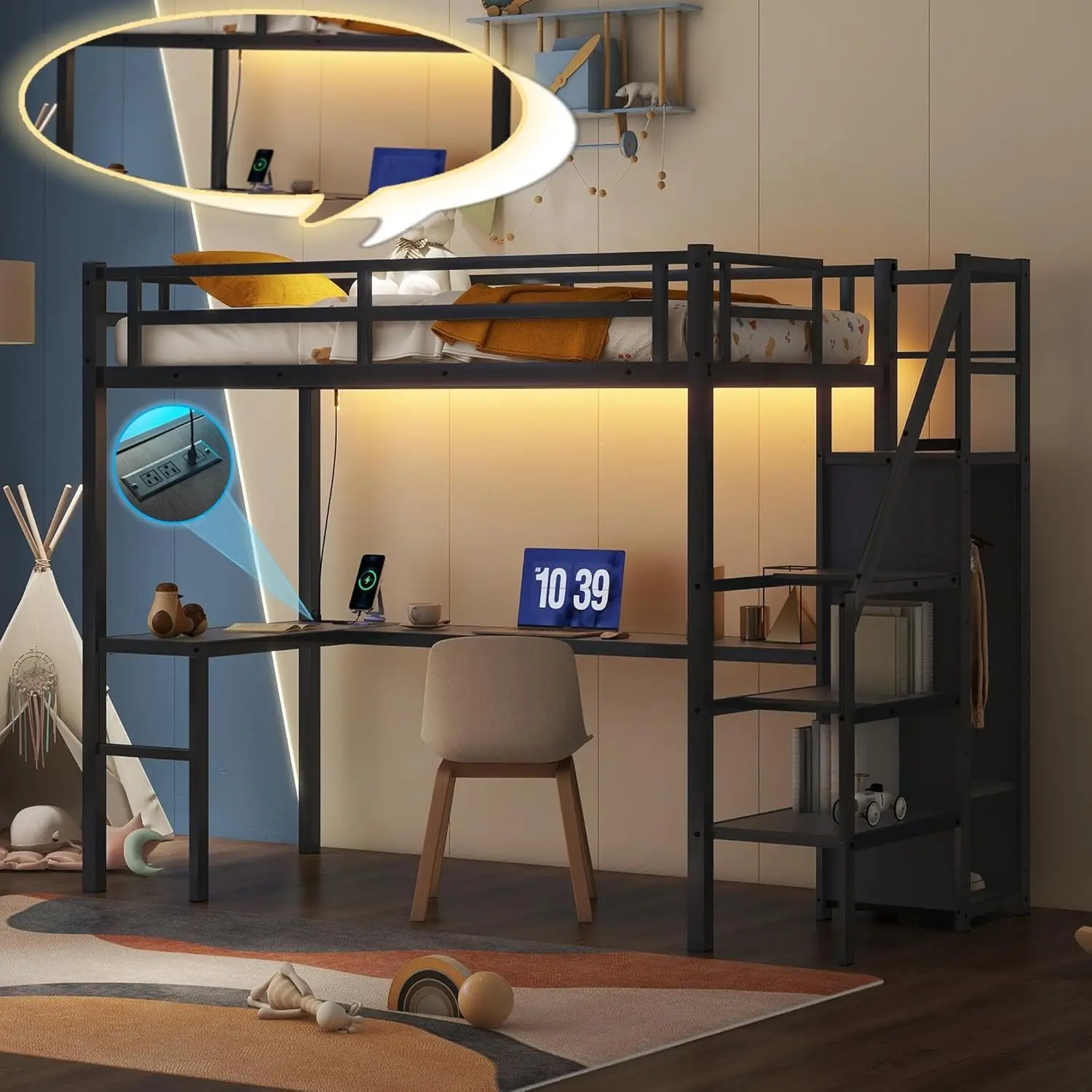 

Twin XL Size Gaming Loft Bed with L-Shaped Desk, LED and Charging Station, Metal Loft Bed with Wardrobe and, Customized