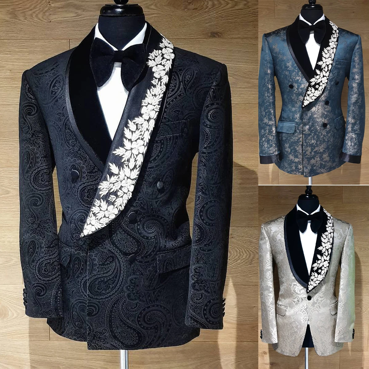 Ternos com padrão floral masculino para casamento, sking do noivo, blazer, calça preta, traje de baile, traje de alfaiate, 2 peças