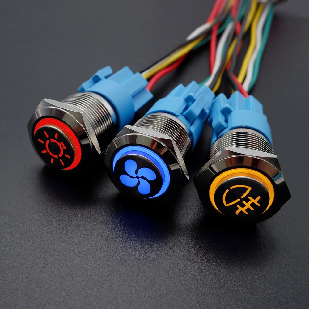 16mm19mm22mm Custom Metal Push Button Switch For Car Motorcycle Waterproof LED Light High Head With Socket Black/Silver 5V 12V