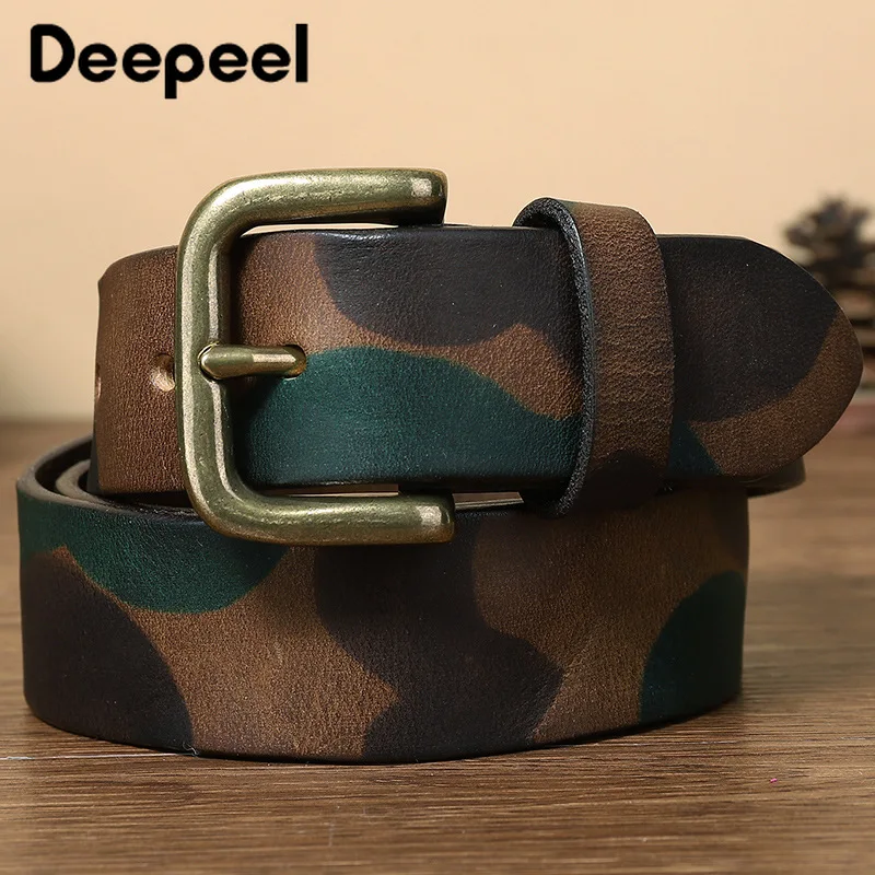 

Deepeel 105-125cm Camouflage Cowhide Men's Belt Copper Pin Buckle Decorative Vintage Belts Genuine Leather Youth Mens Waistband