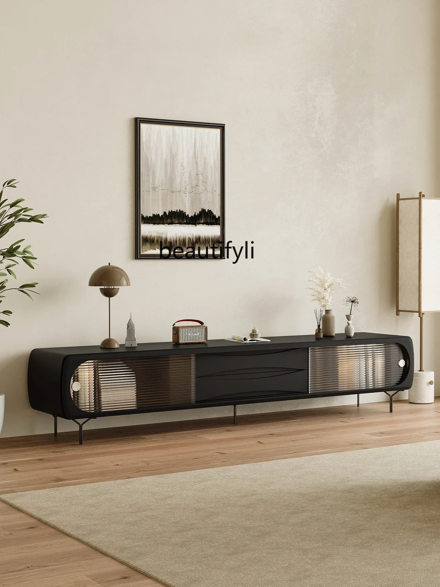 

1184French Retro Black TV Cabinet and Tea Table Combination Living Room Storage Floor Cabinet Solid Wood High-Grade