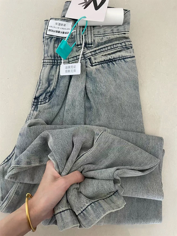 

Джинсы женские с высокой талией, широкими штанинами, прямого кроя, весна-осень, легкие, драпирующиеся, стройнящие, скрывающие, больших размеров, длинные брюки