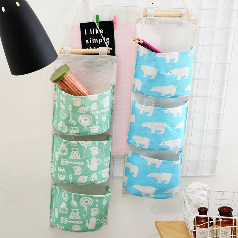 3 pockets Pattern Wall Mounted Wardrobe Organizer Sundries Storage Bag Jewelry Hanging Wall Pouch Hang Cosmetics Toys Organizer