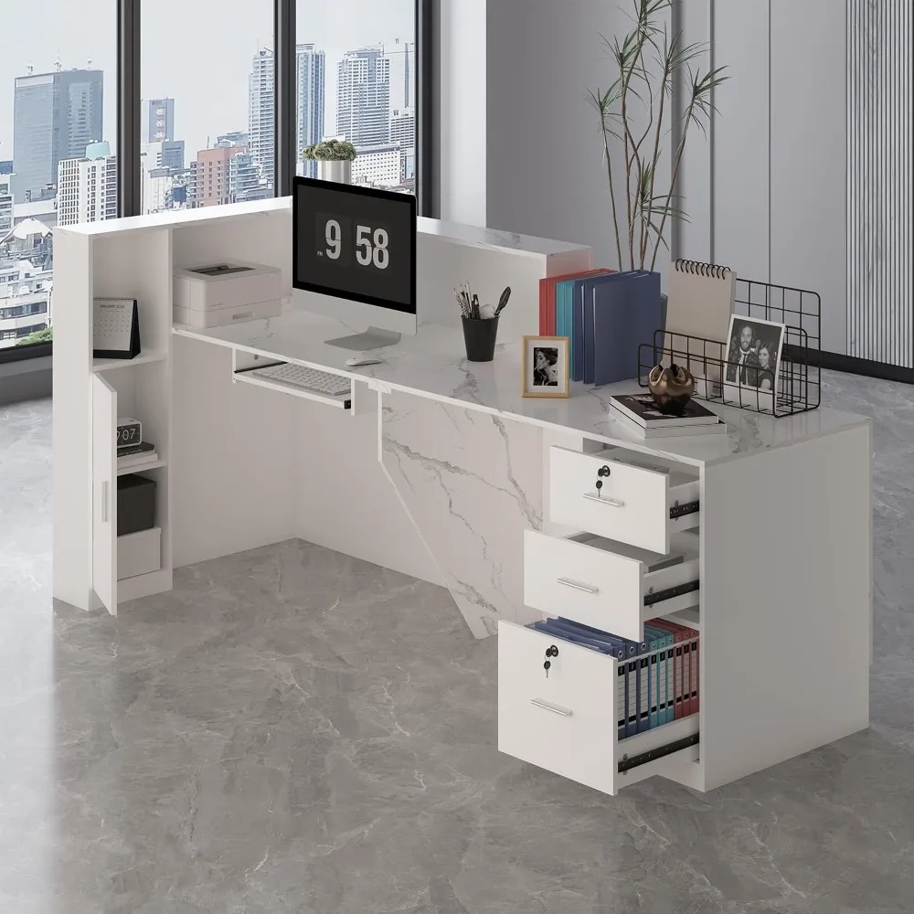 Modern L-Shaped Reception Desk 86.6''L with Lockable Drawers File Cabinet Keyboard Tray - Office Front Counter