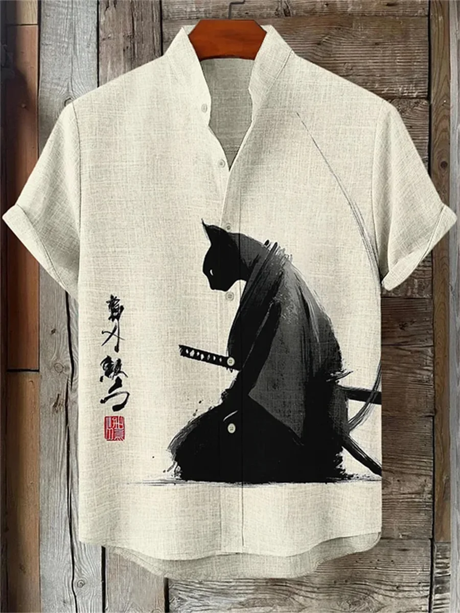 Men's ink-wash style samurai cat print short-sleeved shirt, stand-up collar casual men's top, outdoor casual Hawaiian shirt.