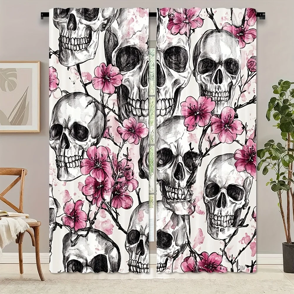 Dark Skull Curtain Panels, Sketch Skulls Sakura Blooms Water‑Wash Retro Tone Print Drapes for Gothic‑Style Apartment Decor