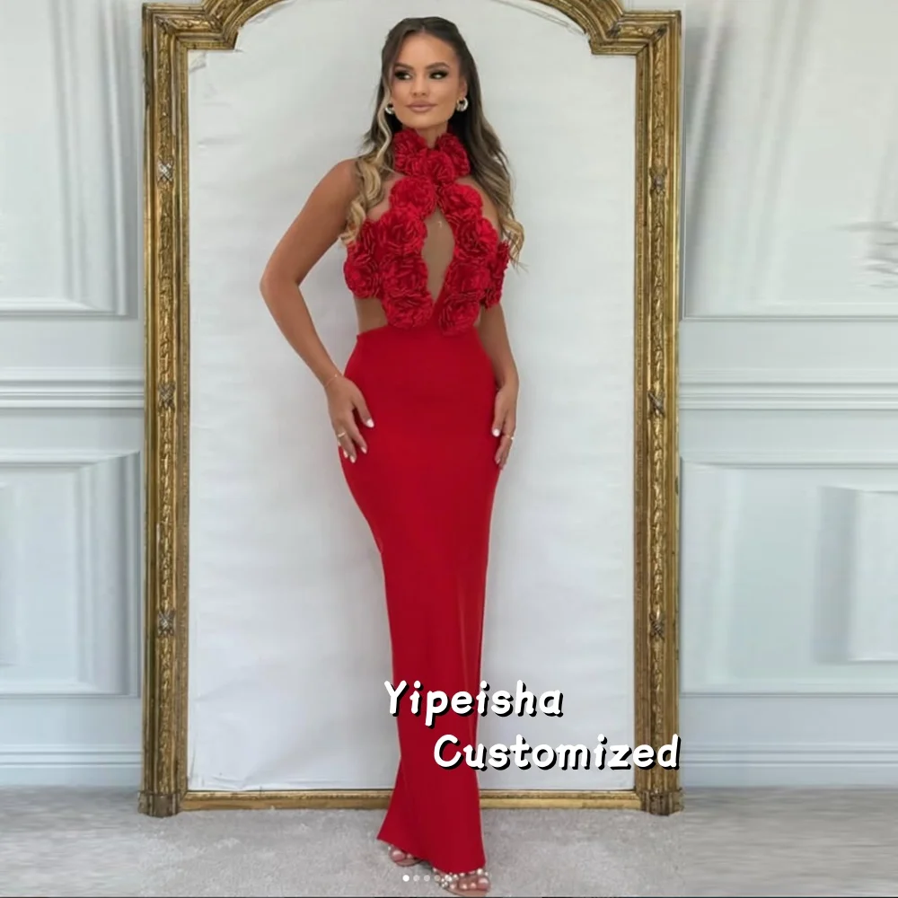 

Customized Red Halter Neck Evening Gown with 3D Floral Appliqué Bodycon Prom Gowns Floor-Length Sleeveless Party Gowns