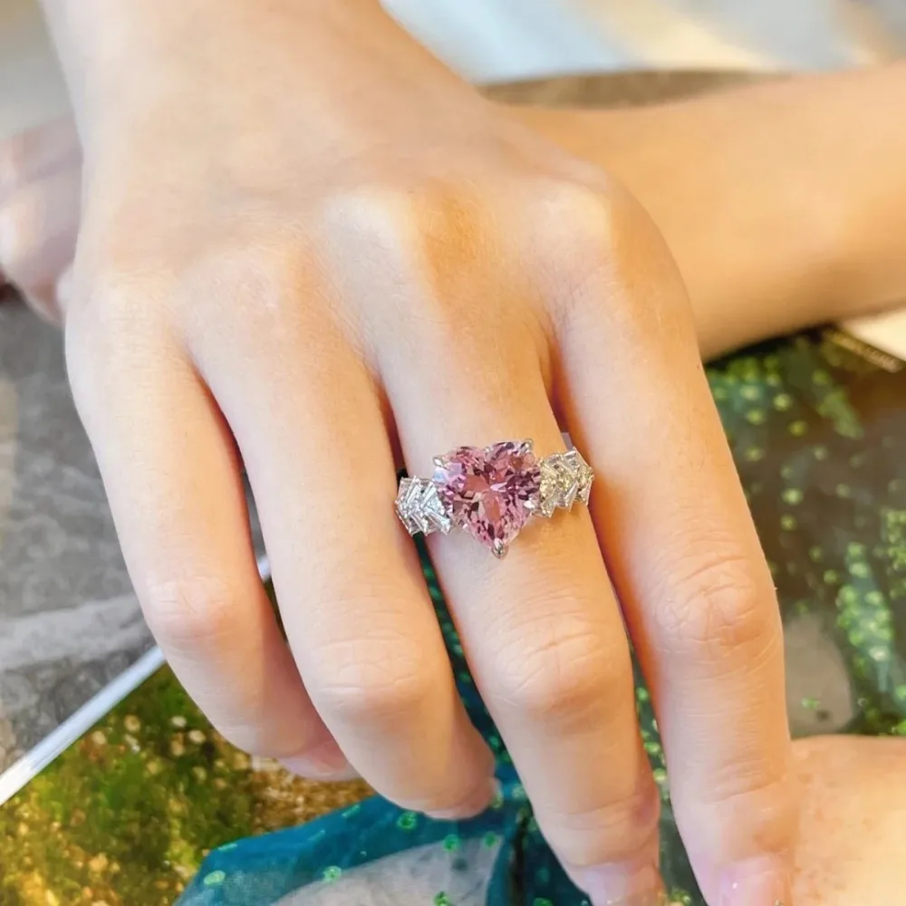 الوردي القلب كبير قيراط الزركون مجموعة خاتم مجوهرات فاخرة للنساء #5