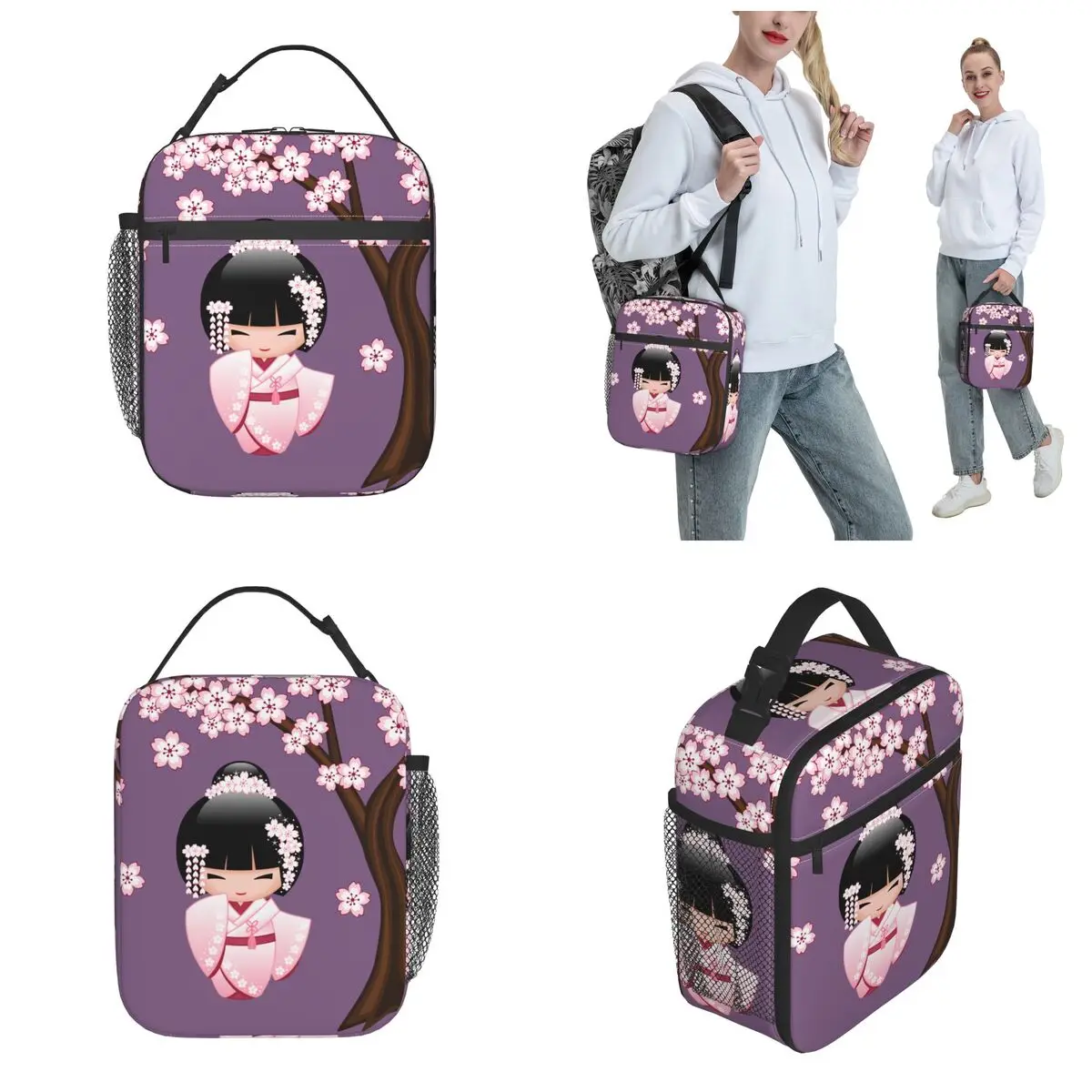 White Kimono Kokeshi Doll Insulated Lunch Bag Cute Geisha Girl Storage Food Box Portable Cooler Thermal Lunch Boxes For School