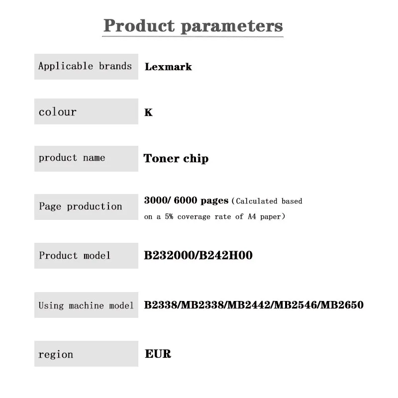 B232000 B242H00 EUR Toner Chip  for lexmark B2338/MB2338/MB2442/MB2546/MB2650lexmark B2338/MB2338/MB2442/MB2546/MB2650