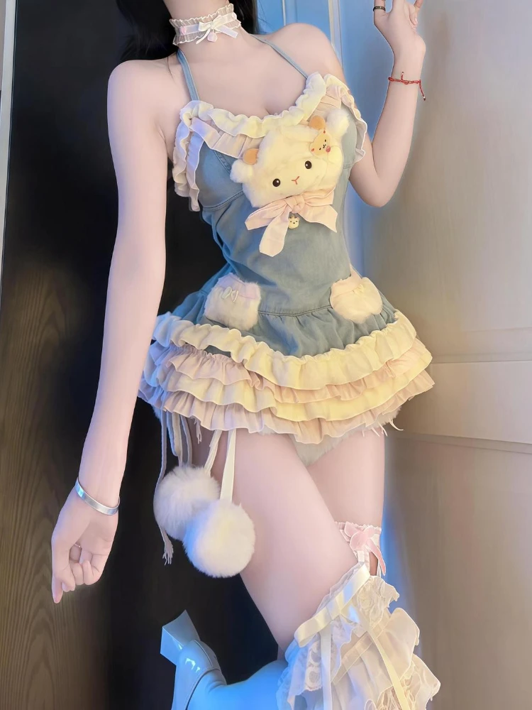 Summer Sweet Japanese Style Lolita Woman Dress Y2k Chic Design Halter Neck Bow Dress Fashion Patchwork Cake Female Short Dress