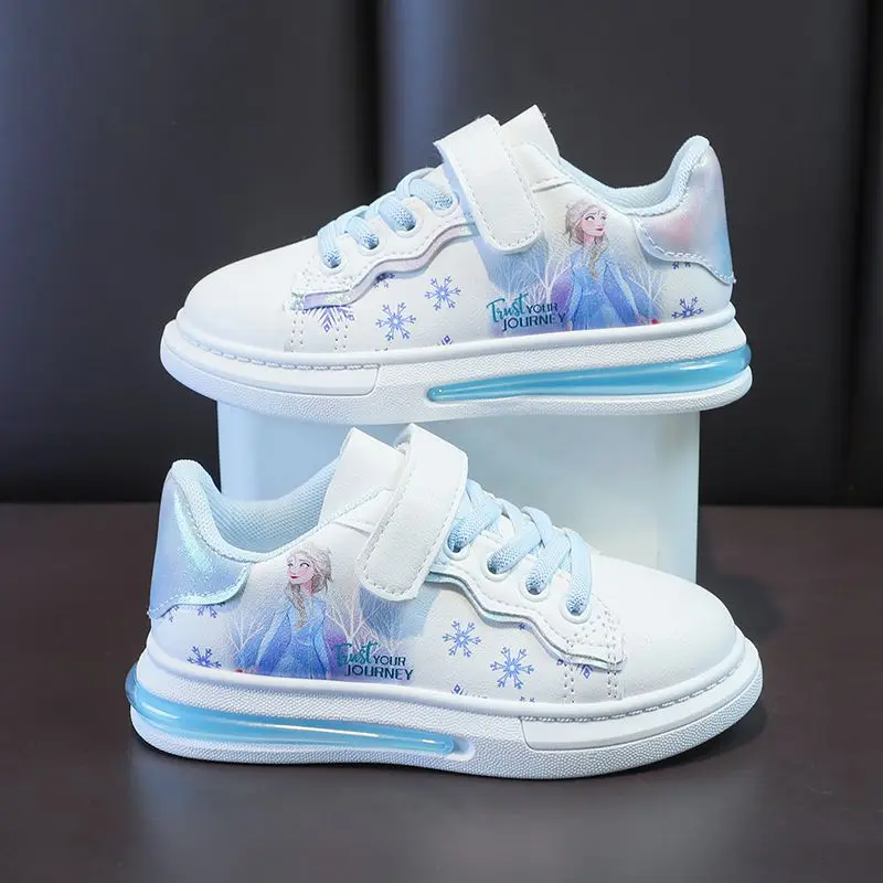 Disney Girls\' White Shoes Leather Cartoon Princess Elsa Shoes Spring Girls\'  Sports Blue White Shoes Sneakers Size 26-37